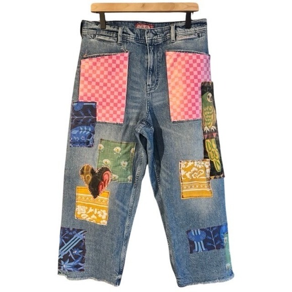 Lucky Brand Denim - Unique upcycled Bird Patchwork Straight Leg Jeans Eclectic Boho Denim 14/32